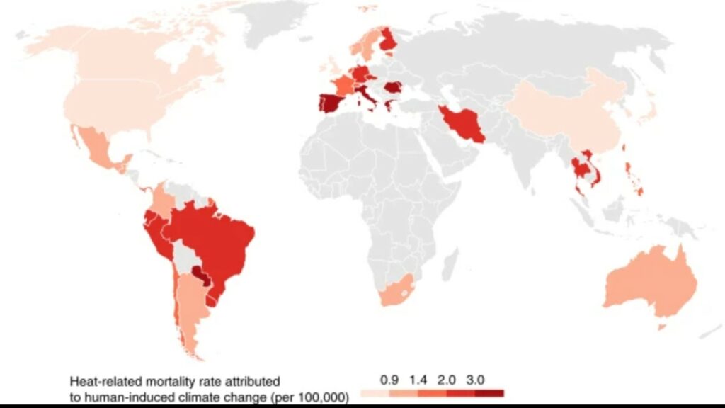 Carte de couleur basée sur le taux de mortalité lié à la chaleur générée par le changement climatique anthropique (causé par les activités humaines). // Source : Nature Climate Change