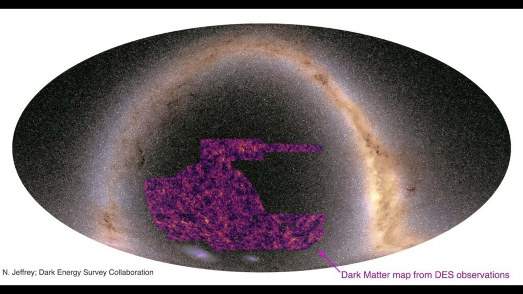 Voici la carte obtenue. Les parties colorées en mauvaise représentent la cartographie de la matière noire. // Source : N. Jeffrey / Dark Energy Survey collaboration