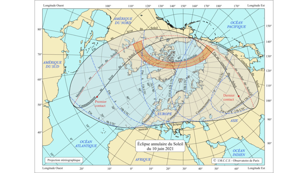 Carte de visibilité de l'éclipse. La bande de centralité ne passe pas en France. // Source : IMCCE/P. Rocher