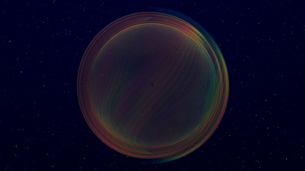 Dans cette visualisation, deux trous noirs en orbite l'un autour de l'autre qui s'apprêtent à fusionner émettent des ondes gravitationnelles. // Source : N. Fischer, H. Pfeiffer, A. Buonanno (Max Planck Institute for Gravitational Physics), Simulating eXtreme Spacetimes (SXS) Collaboration