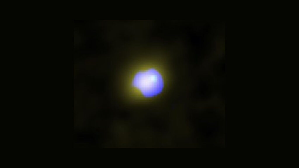 La galaxie J1243+0100 observée avec ALMA. Le vent galactique apparaît en bleu. // Source : ALMA (ESO/NAOJ/NRAO), Izumi et al.
