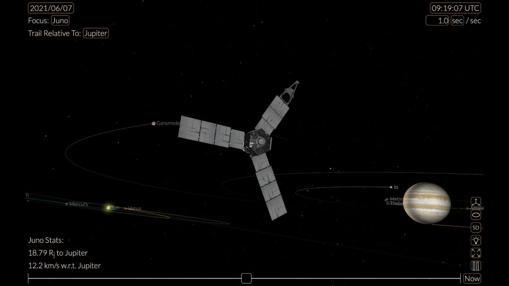 Position de Juno dans le système solaire le 7 juin 2021 à 11h20. // Source : Capture d'écran Nasa