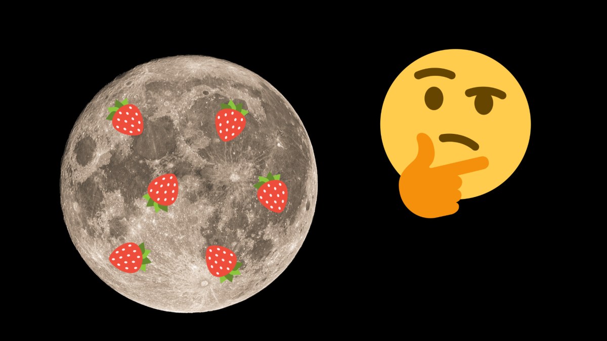 La « Lune des fraises », vraiment ? // Source : Flickr/CC/Davide Gabino (il Dave), Wikimedia/CC/Twemoji v2 project & emojione project, montage Numerama