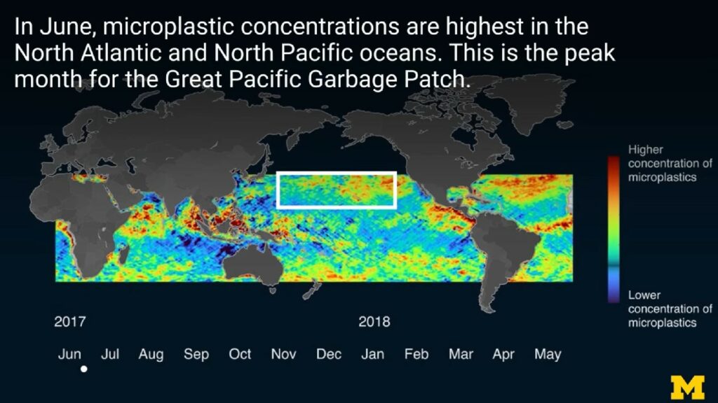 Les concentrations de microplastique (couleurs chaudes) sont plus élevées en été. Ici, dans l'hémisphère nord, est entourée en blanc le Vortex de déchets du Pacifique nord. // Source : Université du Michigan