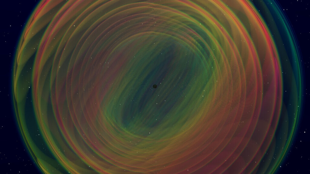Représentation d'ondes gravitationnelles émises par deux trous noirs en orbite. // Source : N. Fischer, H. Pfeiffer, A. Buonanno (Max Planck Institute for Gravitational Physics), Simulating eXtreme Spacetimes (SXS) Collaboration Représentation d'ondes gravitationnelles émises par deux trous noirs en orbite. // Source : N. Fischer, H. Pfeiffer, A. Buonanno (Max Planck Institute for Gravitational Physics), Simulating eXtreme Spacetimes (SXS) Collaboration