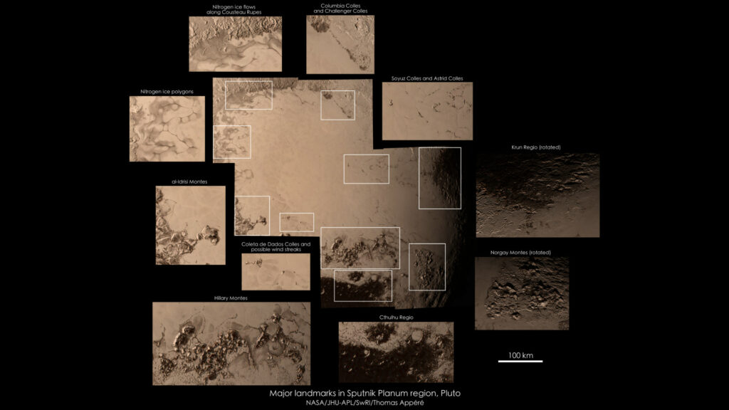 Sites d'intérêt sur Pluton, vus par New Horizons, dont la région Cthulthu. // Source : Flickr/CC/NASA/JHU-APL/SwRI/Thomas Appéré