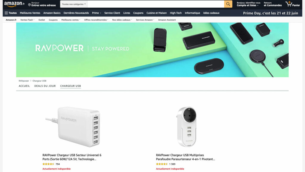 La boutique dépeuplé de RavPower // Source : Amazon