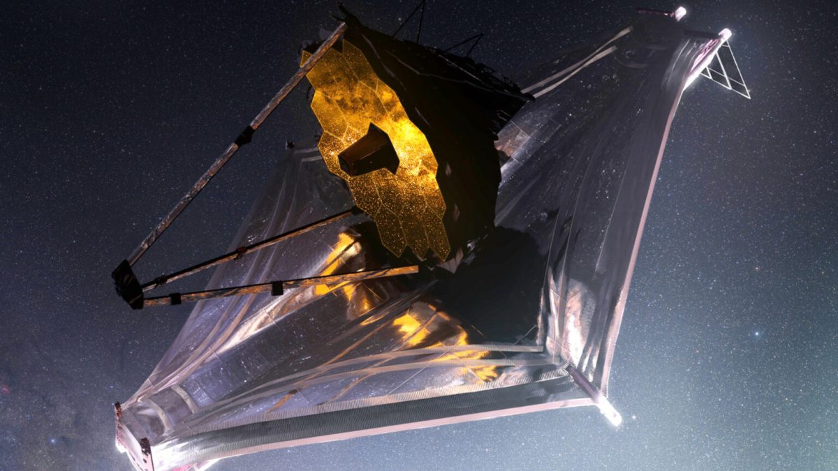 Vue d'artiste du JWST. // Source : Flickr/CC/Adriana Manrique Gutierrez, NASA Animator (photo recadrée et inclinée)