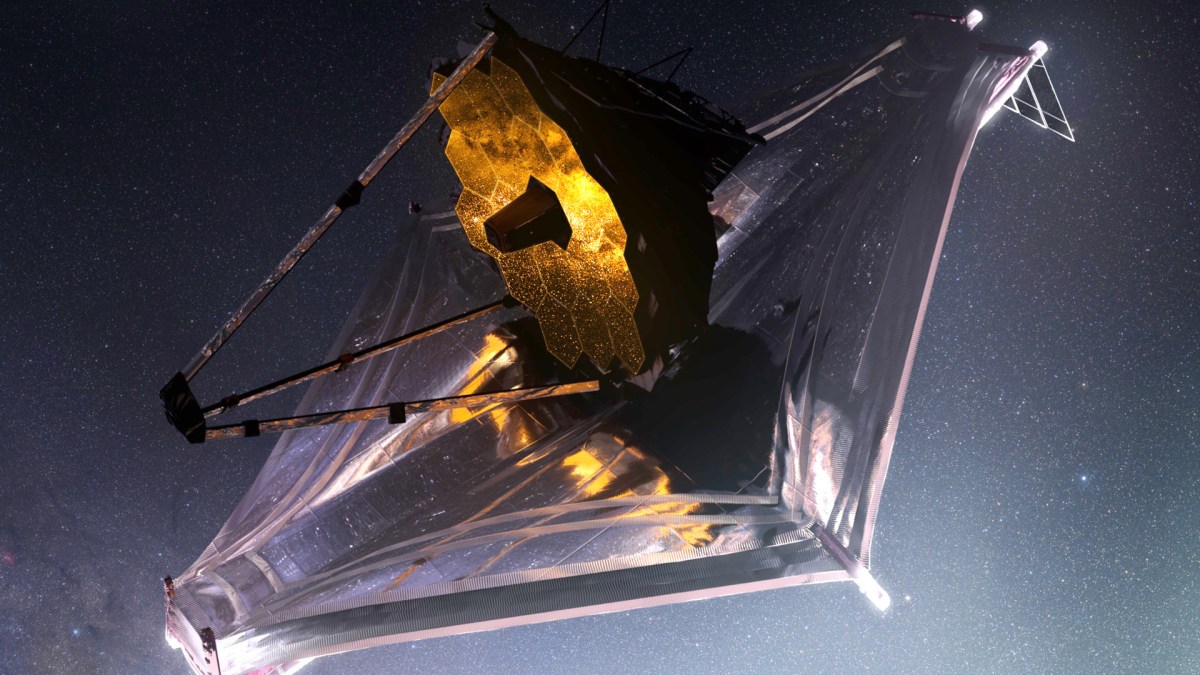 Vue d'artiste du JWST. // Source : Flickr/CC/Adriana Manrique Gutierrez, NASA Animator (photo recadrée et inclinée)