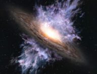 Vue d'artiste d'un vent galactique entraîné par un trou noir supermassif. // Source : ALMA (ESO/NAOJ/NRAO) (photo recadrée)