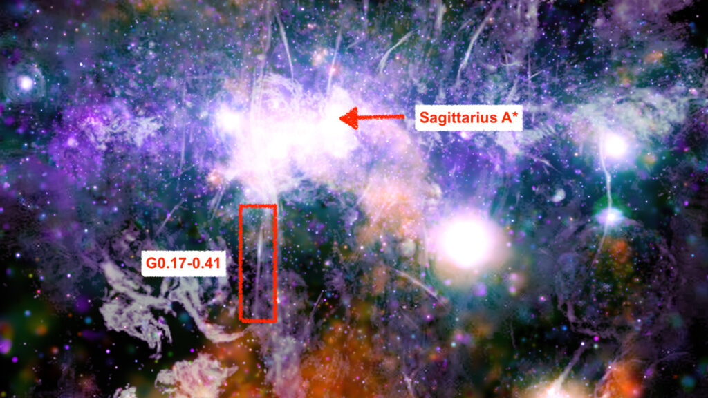 Le centre de la Voie lactée observé par Chandra. // Source : X-ray: NASA/CXC/UMass/Q.D. Wang; Radio: NRF/SARAO/MeerKAT, annotations Numerama