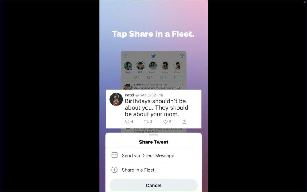 Dès le lancement des Fleets, Twitter présentait le service comme un amplificateur de Tweet // Source : Capture d'écran Numerama
