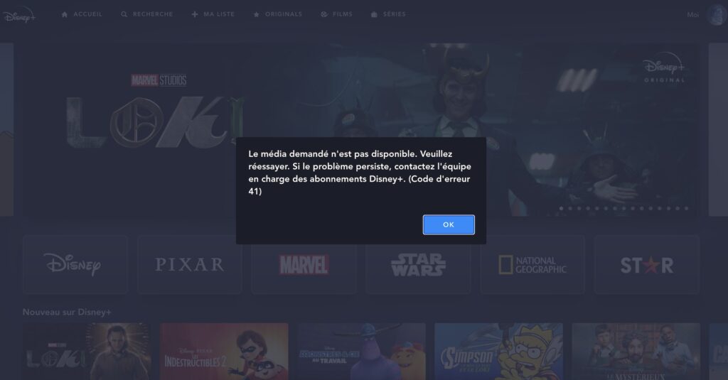 Un message d'erreur s'affiche sur la page Disney+ France dédiée à Black Widow // Source : Capture d'écran Numerama