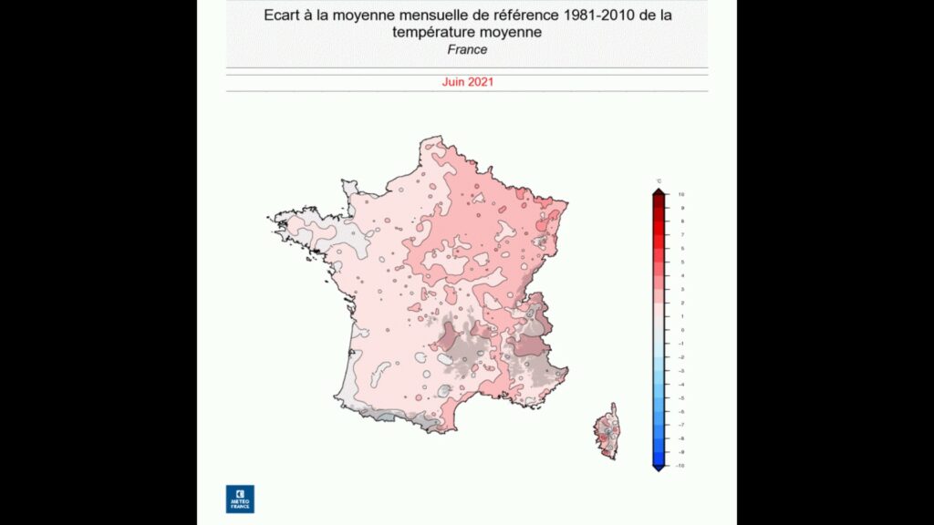 Plus la zone est rougie, plus l'écart est important par rapport à la normale. // Source : MétéoFrance