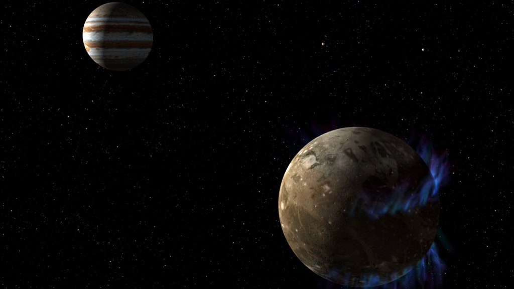 Vue d'artiste de Ganymède et de Jupiter. // Source : NASA, ESA, and G. Bacon (STScI) (image recadrée)