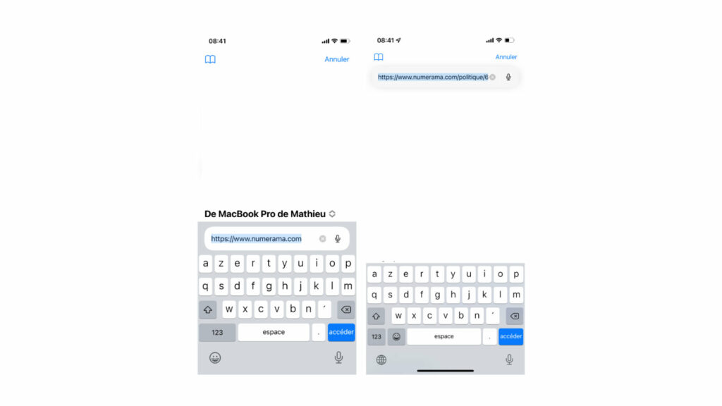 À gauche, le nouveau comportement de Safari sur iOS 15. À droite, le comportement des premières bêtas // Source : Captures d'écran Numerama