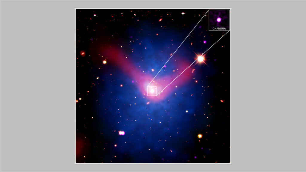 Le diamètre de l'image est estimé représenter 17 millions d'années-lumière. // Source : X-ray: (Chandra: NASA/CXC/Univ. Bonn/A. Veronica et al; XMM-Newton: ESA/XMM-Newton); Optical: DES/DOE/FNAL/DECam/CTIO/NOIRLab/NSF/AURA; Radio: CSIRO/ASKAP/EMU