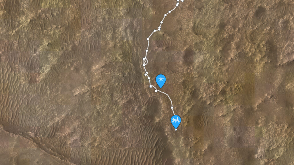 Position du rover Perseverance et de l'hélico Ingenuity (au 131e sol de la mission du rover). // Source : Capture d'écran Nasa