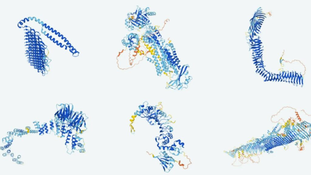 Les protéines peuvent prendre plein de formes différentes en fonction de leurs pliages. Les petites bouclettes colorées sont des acides aminés sur cette image. // Source : DeepMind