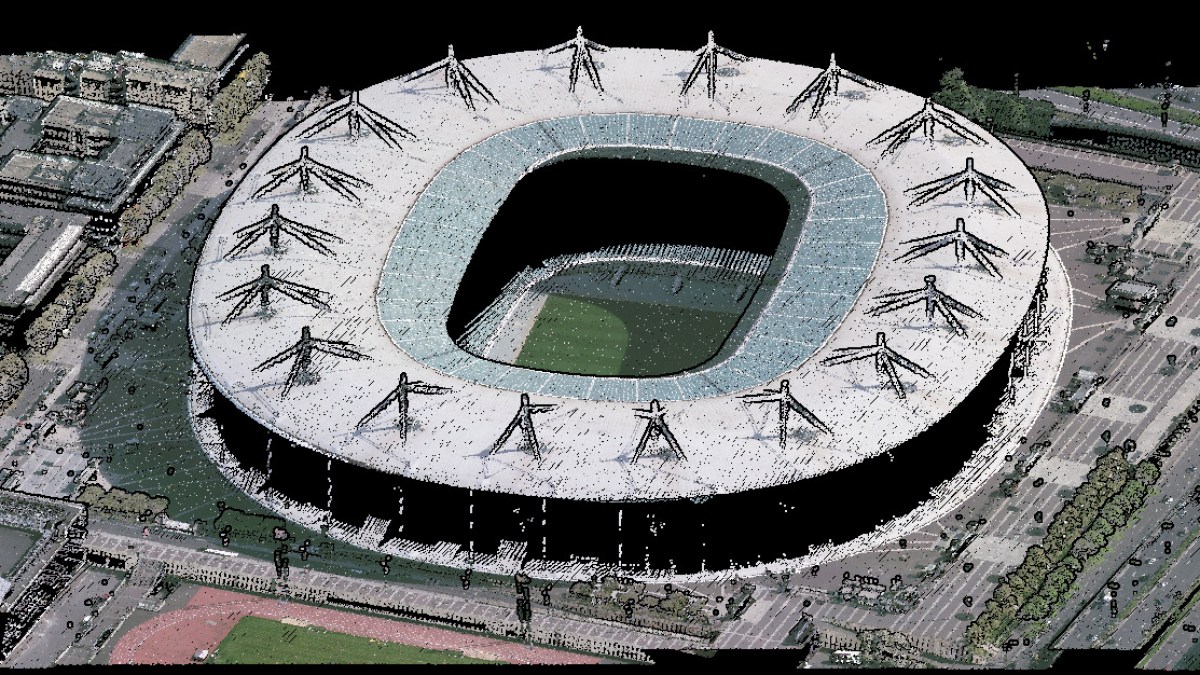 Le résultat d'un relevé LiDAR (avec colorisation) sur le stade de France // Source : IGN
