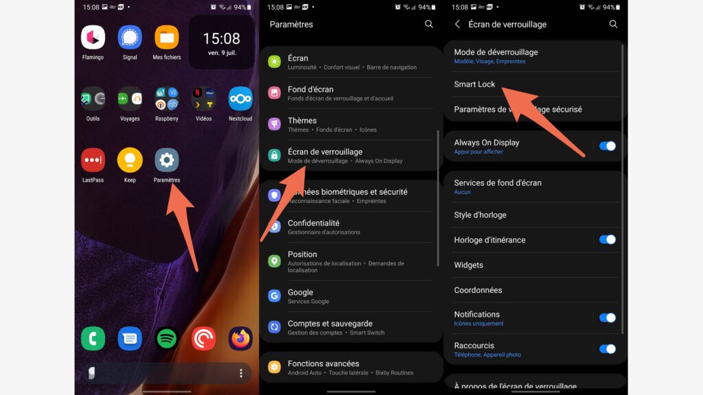 La procédure pour accéder à Smart Lock sur un smartphone Samsung // Source : Capture d'écran La procédure pour accéder à Smart Lock sur un smartphone Samsung // Source : Capture d'écran