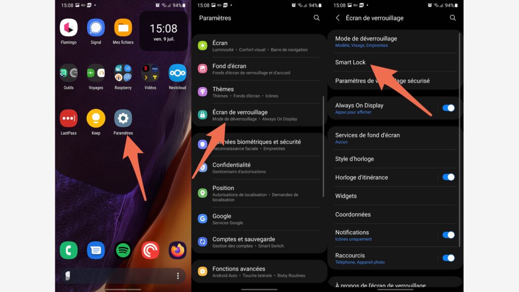 La procédure pour accéder à Smart Lock sur un smartphone Samsung // Source : Capture d'écran