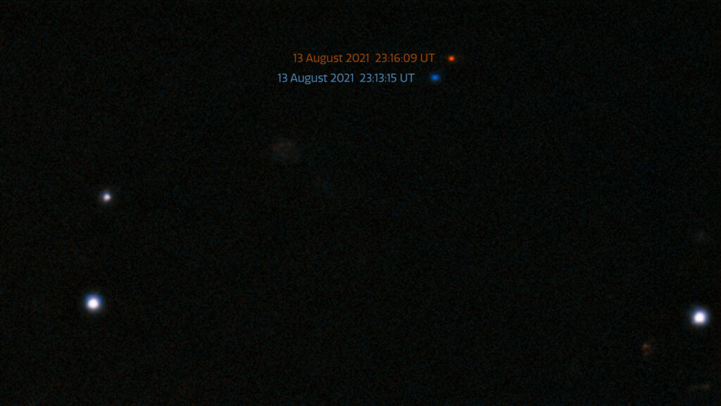 L'astéroïde imagé dans la nuit du 13 août 2021. Les couleurs rouge et bleu montrent sa position à 3 minutes de décalage. // Source : CTIO/NOIRLab/NSF/DOE/DECam/AURA/S.S. Sheppard (Carnegie Institution of Science)