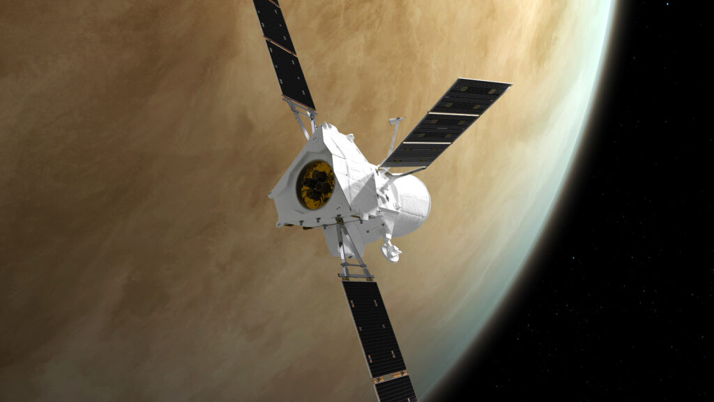 Vue d'artiste de BepiColombo survolant Vénus. // Source : ESA/ATG medialab