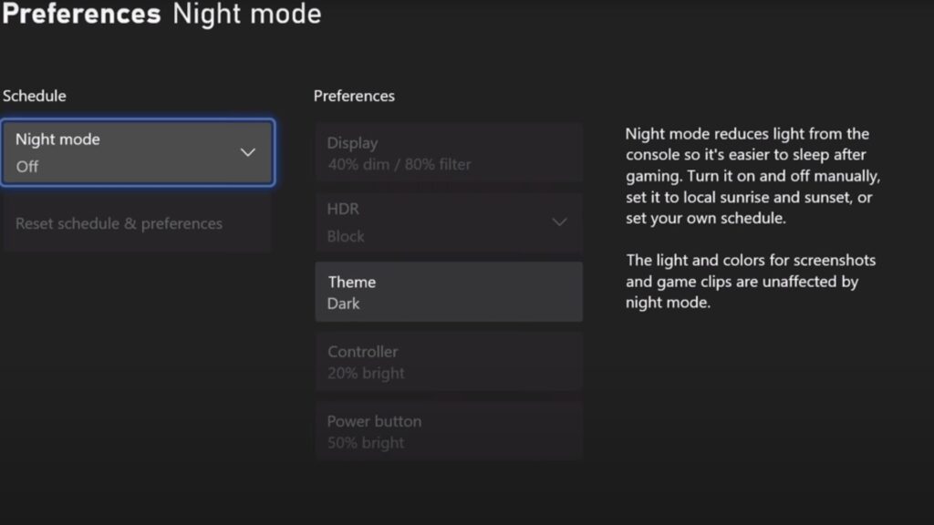 Mode Nuit pour Xbox