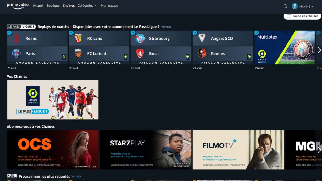 Amazon Prime Video propose aussi du football en France. // Source : Capture d'écran