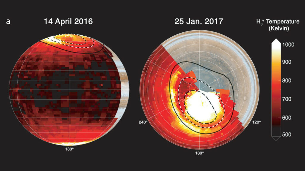 Cartes détaillées des températures de la haute atmosphère de Jupiter. // Source : Via Twitter @physicsJ