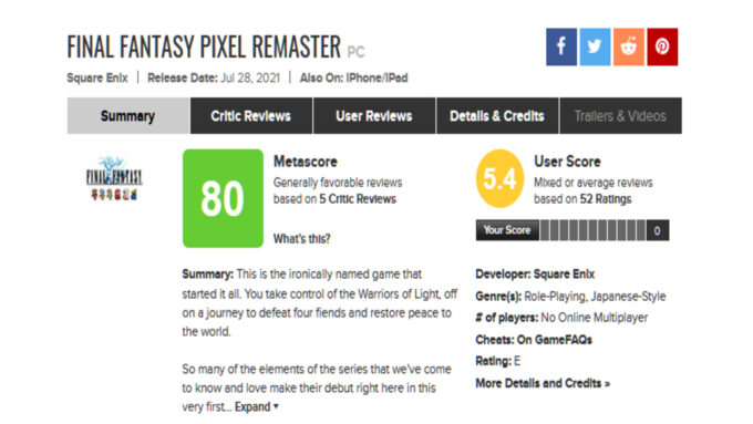 Critiques de Final Fantasy I sur Metacritic. Capture d'écran