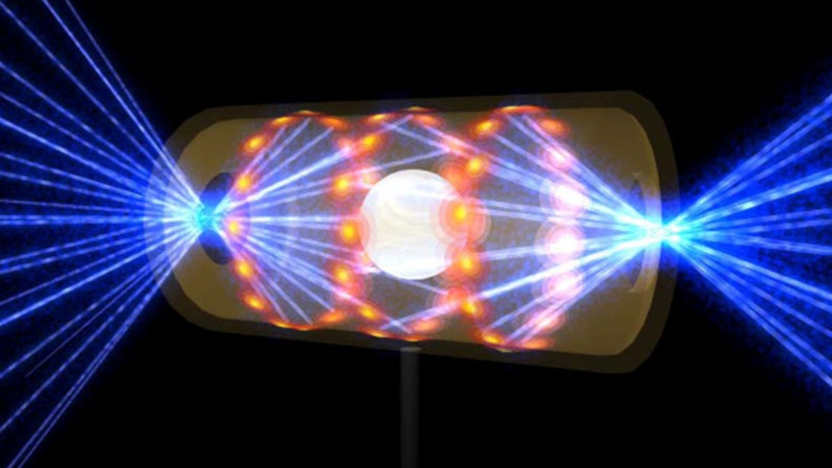 Représentation du mécanisme de fusion nucléaire par confinement inertiel. // Source : LLNL