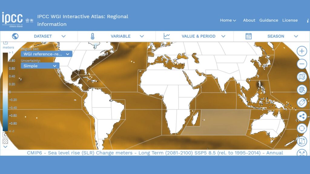 Ici, une simulation de l'élévation du niveau de la mer à l'horizon 2100 // Source : GIEC