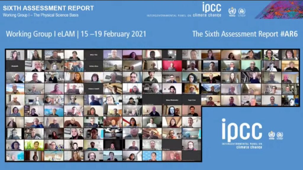 Capture d'écran de la conférence de presse. Ici, un extrait d'une réunion en visio datant de février 2021. // Source : IPCC (GIEC)