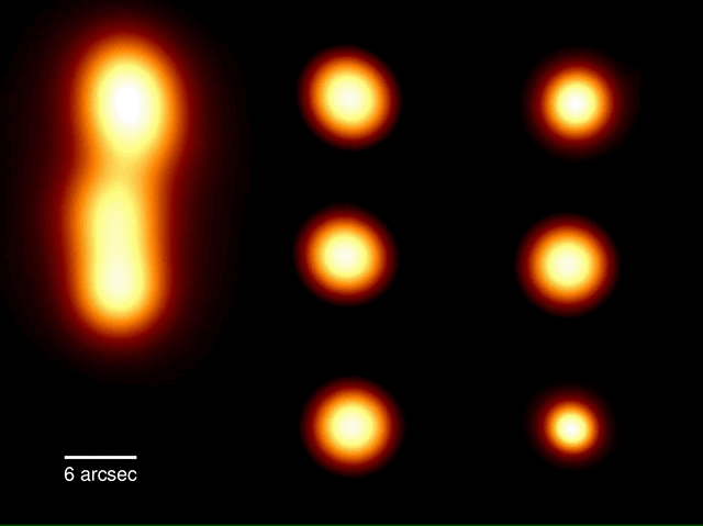 Véritables images de galaxies lointaines, d'abord vues avec la résolution classique, puis avec la résolution permise grâce à LOFAR. // Source : L.K. Morabito; LOFAR Surveys KSP