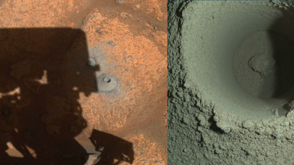 Le premier forage de Perseverance a échoué car la roche martienne à cet endroit était trop poudreuse. // Source : NASA/JPL-Caltech/MSSS