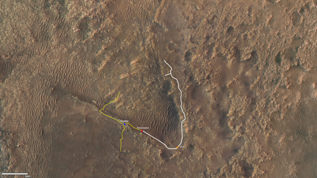 Trajectoire de Perseverance sur Mars depuis son arrivée (en blanc) et position de Citadelle. // Source : NASA/JPL-Caltech/University of Arizona