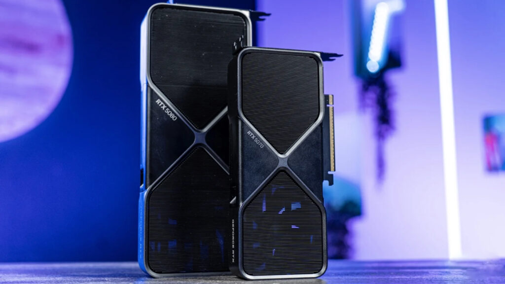 Les RTX 5070 et RTX 5080 sont &eacute;quip&eacute;es de VRAM en GDDR7 // Source : Chlo&eacute; Pertuis pour Frandroid