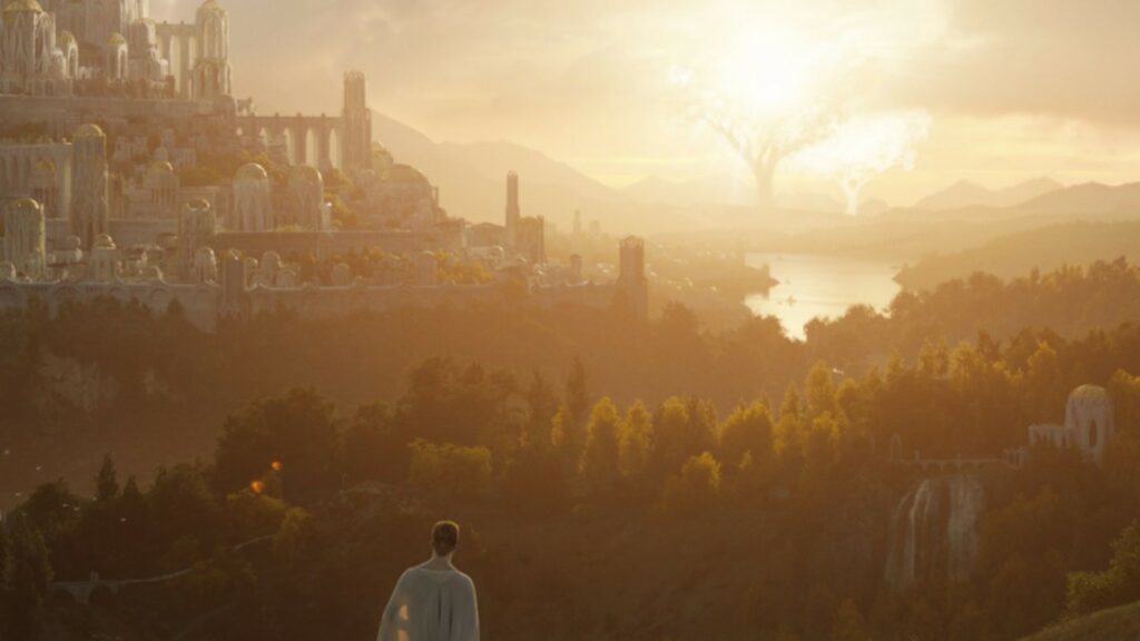 Zoom sur la première image de la série Le Seigneur des Anneaux, où l'on aperçoit les deux arbres de Valinor. // Source : Prime Video