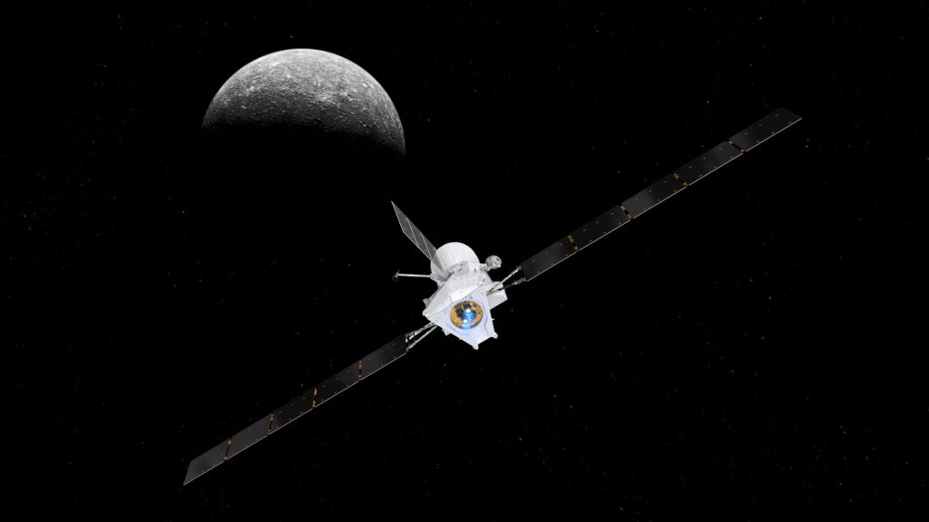 BepiColombo approchant de Mercure (vue d'artiste). // Source : ESA/ATG medialab ; NASA/JPL