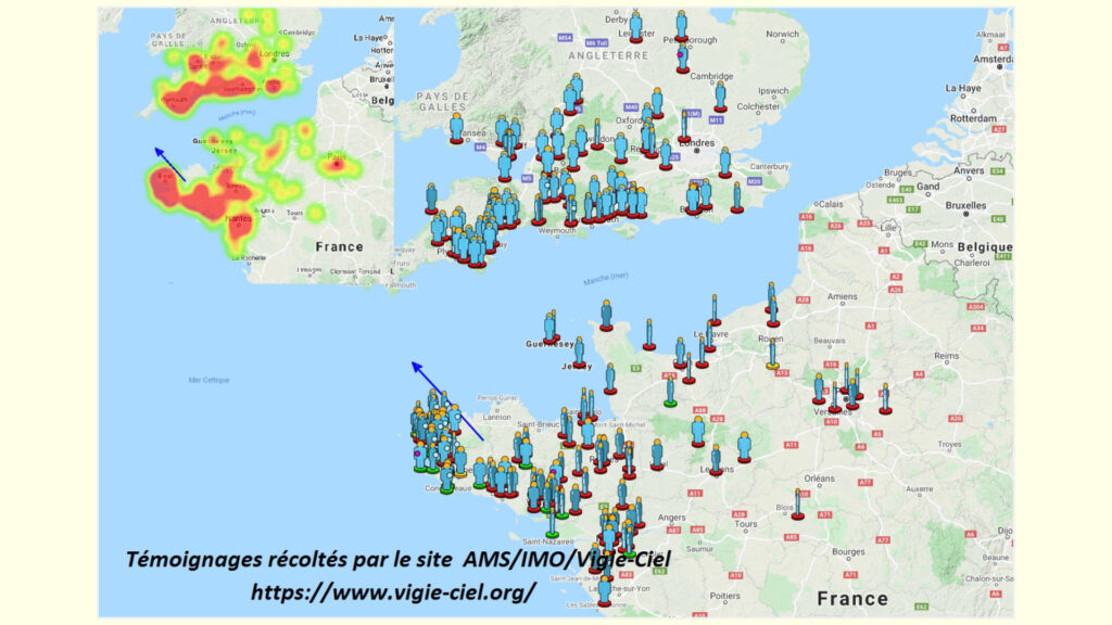 Carte des témoignages visuels du bolide du 5 septembre 2021. // Source : Fripon/Vigie-Ciel