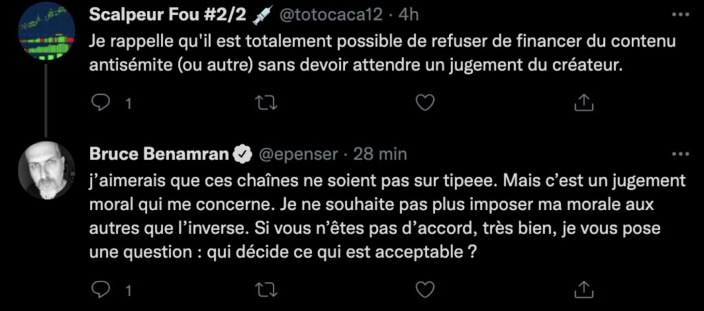 Capture d'écran de quelques tweets de Bruce Benamran sur Twitter