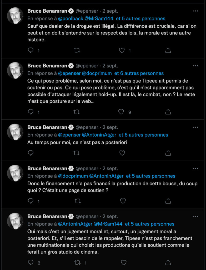 Capture d'écran de quelques tweets de Bruce Benamran sur Twitter