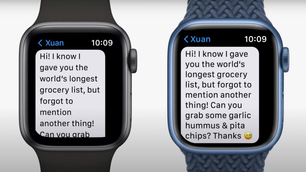 Texte sur Apple Watch Series 6 (à gauche) versus texte sur Apple Watch Series 7 (à droite) // Source : Apple