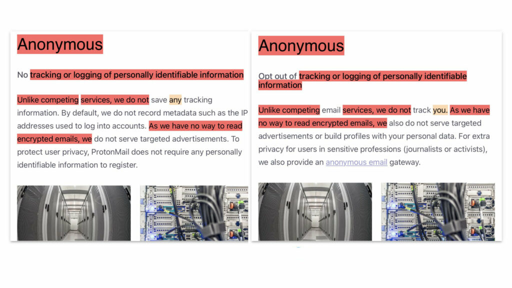 A gauche, le site Proton avant la polémique, à droite après. // Source : Proton 