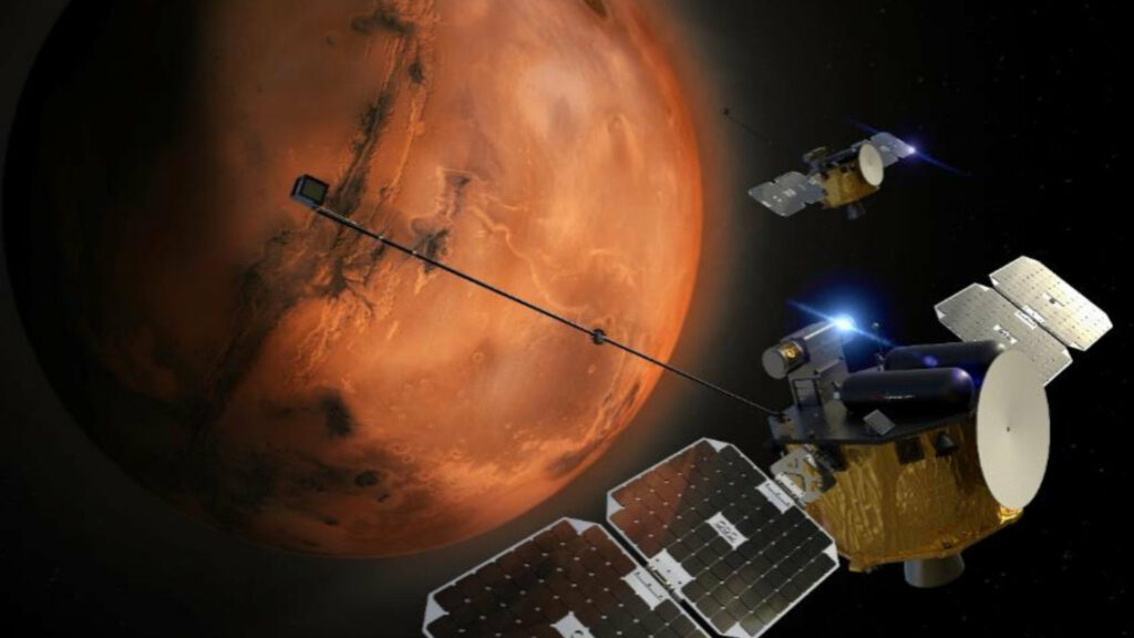 Vue d'artiste de la mission ESCAPADE. // Source : Rocket Lab USA/UC Berkeley (image recadr&eacute;e)