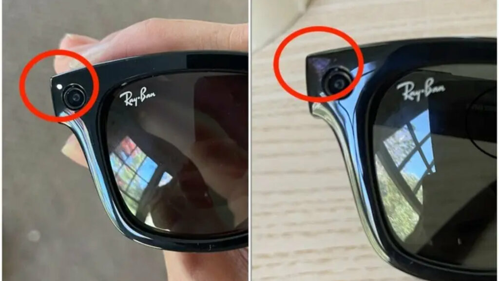 A gauche la petite LED qui indique qu'on enregistre, à droite les mêmes lunettes avec un petit bout de scotch par dessus l'indicateur lumineux // Source : Buzzfeed