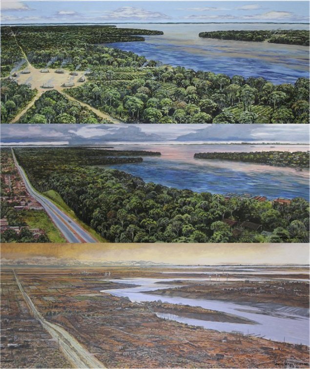 Projection pour l'Amazonie à l'horizon 2500. L'image du milieu est à notre époque et celle du haut à l'époque pré-colonisation. // Source : Lyon et al., 2021/CC BY-ND
