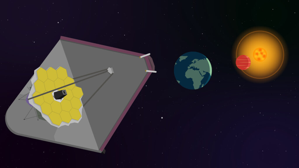 Représentation du télescope James-Webb dans l'espace. // Source : Nino Barbey pour Numerama, basé sur un travail de Kevin Gill